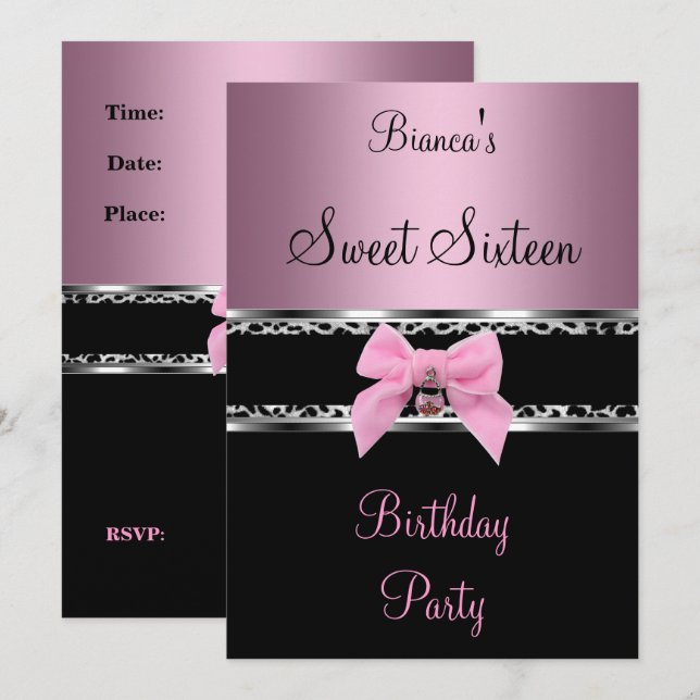 Invitación Dulce Dieciséis Leopardo de cebra negro rosado de  (Anverso / Reverso)