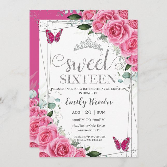 Invitación Dulce Dieciséis Mariposa Floral Plata De Fuchsia R (Anverso / Reverso)