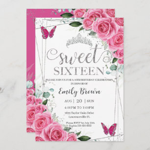 Invitación Dulce Dieciséis Mariposa Floral Plata De Fuchsia R