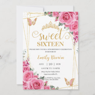 Invitación Dulce Dieciséis Mariposas De Oro Floral De Fuchsia