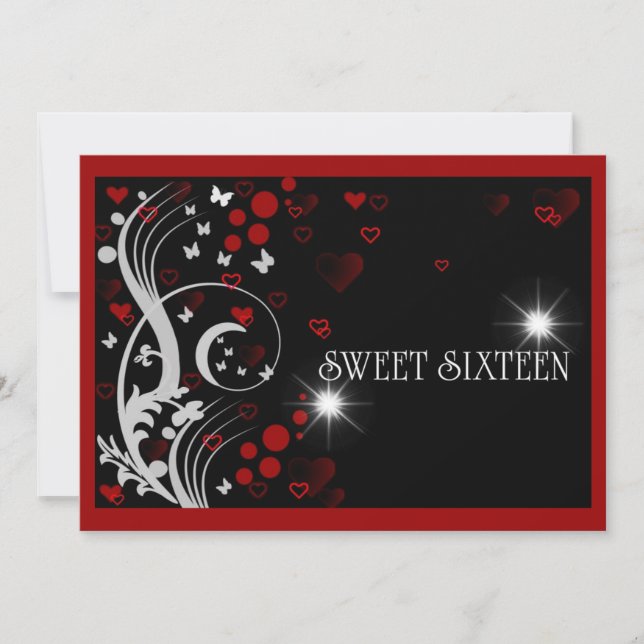 Invitación Dulce Dieciséis Mariposas Red Black Sparkle (Anverso)