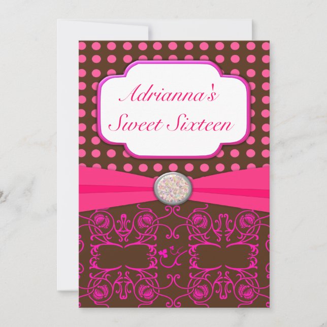 Invitación Dulce Dieciséis Marrones Con Damasco Rosado Cumple (Anverso)