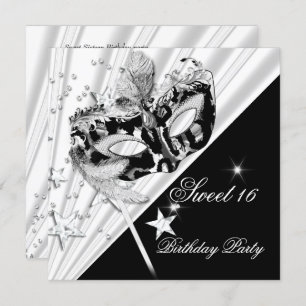 Invitación Dulce Dieciséis Máscara de plata blanca negra de 1