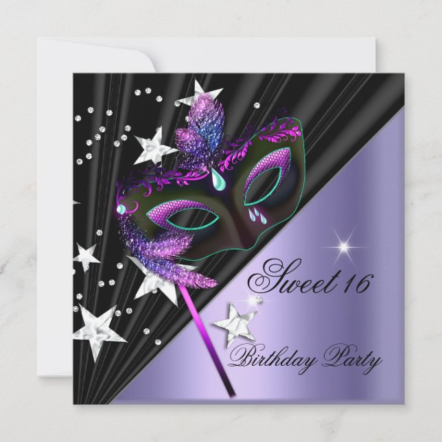 Invitación Dulce Dieciséis Máscara Lilac Black Silver (Anverso)