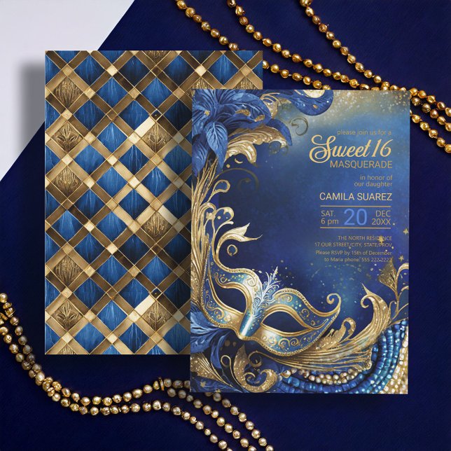 Invitación Dulce Dieciséis mascaradas Blue Gold ID1032 (Subido por el creador)