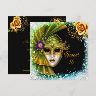 Invitación Dulce Dieciséis Mascaradas Mardi Gras Oro Verde