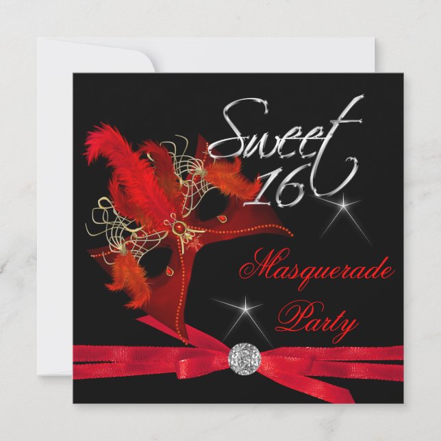 Invitación Dulce Dieciséis Masquerade Red Black (Anverso)