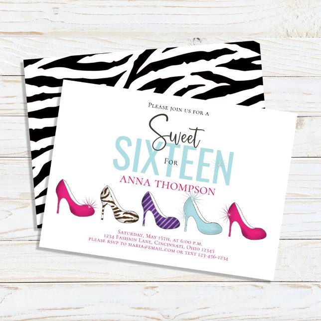 Invitación Dulce Dieciséis Modas coloridas fiesta de cumpleañ (Sweet 16 custom invitation with colorful high heeled shoes)