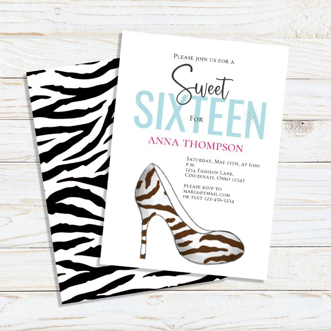 Invitación Dulce Dieciséis Modas Shoes Fiesta de Cumpleaños (Sweet 16 custom invitations with animal print high-heeled shoes. )