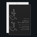 Invitación Dulce Dieciséis | Moderno Black 16th Birthday<br><div class="desc">Brillantes y modernas y dulces 16 invitaciones con un tipo de letra manuscrita. Diseño basado en tipos con texto blanco sobre fondo negro.</div>