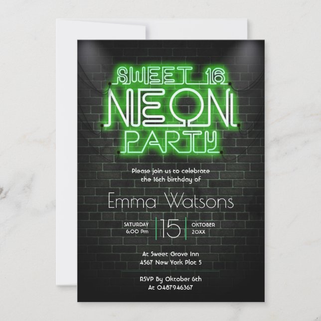 Invitación Dulce dieciséis Neon Fiesta (Anverso)