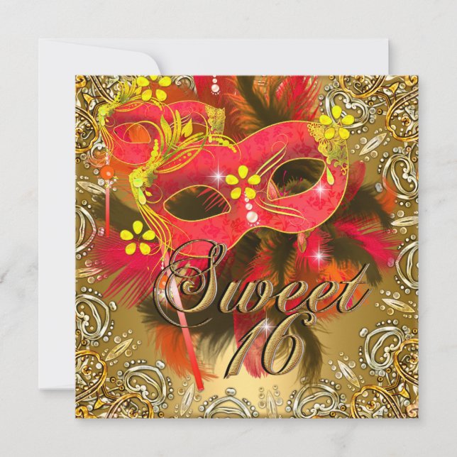Invitación Dulce Dieciséis Oro Amarillo Rojo Masquerade 16 (Anverso)