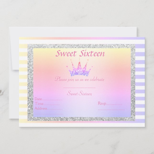 INVITACIÓN DULCE DIECISÉIS PASTEL STRIPE TIARA BIRTHDAY INVIT (Anverso)