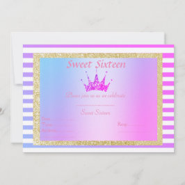 INVITACIÓN DULCE DIECISÉIS PASTEL STRIPE TIARA CUMPLEAÑOS ORO