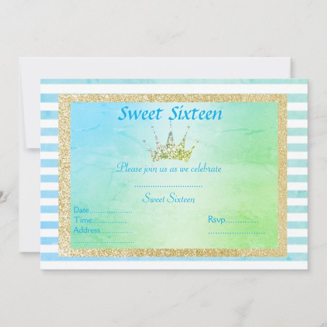 INVITACIÓN DULCE DIECISÉIS PASTEL STRIPE TIARA CUMPLEAÑOS ORO (Anverso)