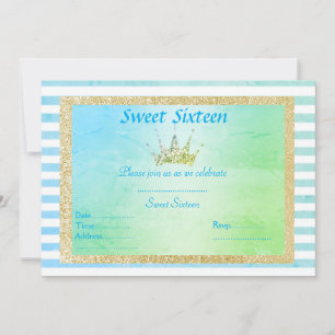 INVITACIÓN DULCE DIECISÉIS PASTEL STRIPE TIARA CUMPLEAÑOS ORO