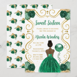 Invitación Dulce Dieciséis Princesa de Piel Oscura en Verde