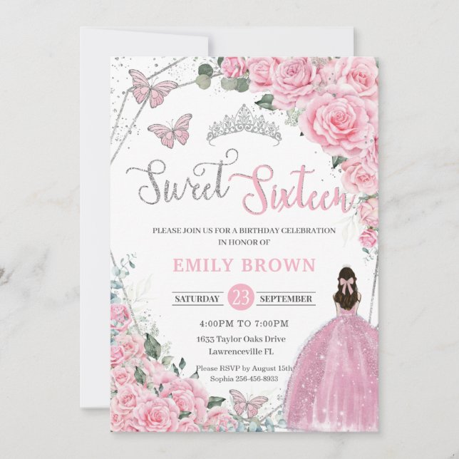 Invitación Dulce Dieciséis Princesa Floral Rosa Plata Cumplea (Anverso)