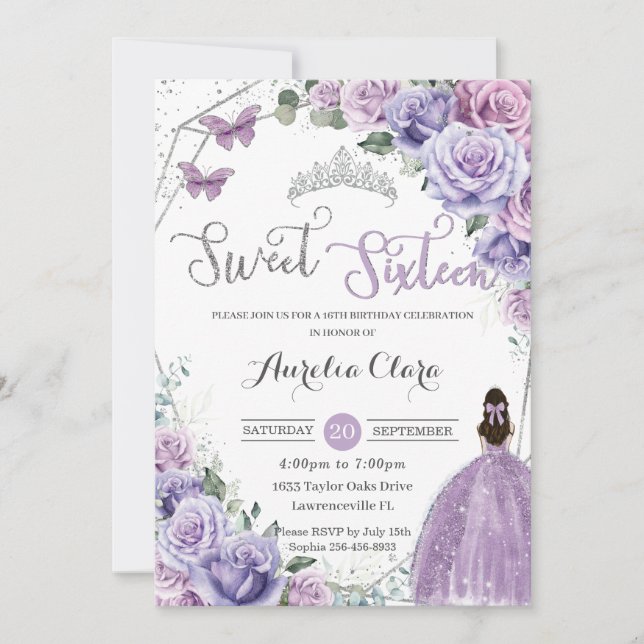 Invitación Dulce Dieciséis Princesa Morada Floral 16º cumplea (Anverso)