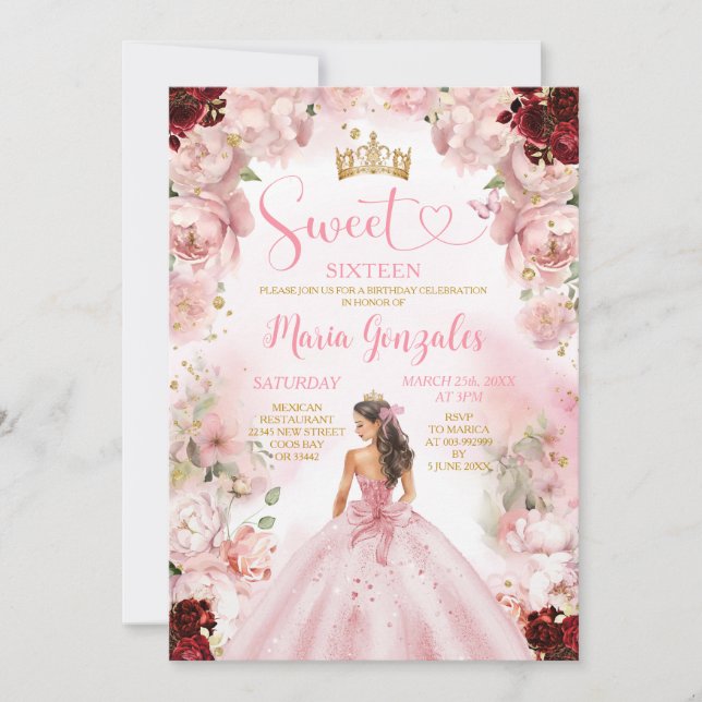 Invitación Dulce Dieciséis Princesa Rosa Vestido Borgoña Flor (Anverso)