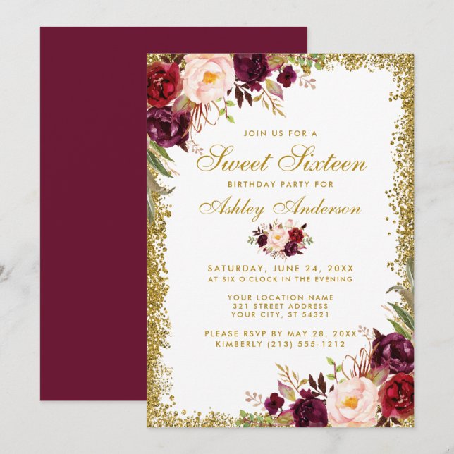 Invitación Dulce Dieciséis Purpurina de oro de Borgoña Floral (Anverso / Reverso)