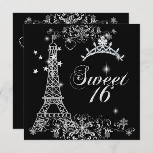 Invitación Dulce Dieciséis Purpurina de Plata Negra Torre Eif