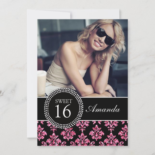 INVITACIÓN DULCE DIECISÉIS, PURPURINA ROSADO, DAMASCO NEGRO (Anverso)