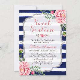 Invitación Dulce Dieciséis Rayas Azules De Plata Floral Rosa