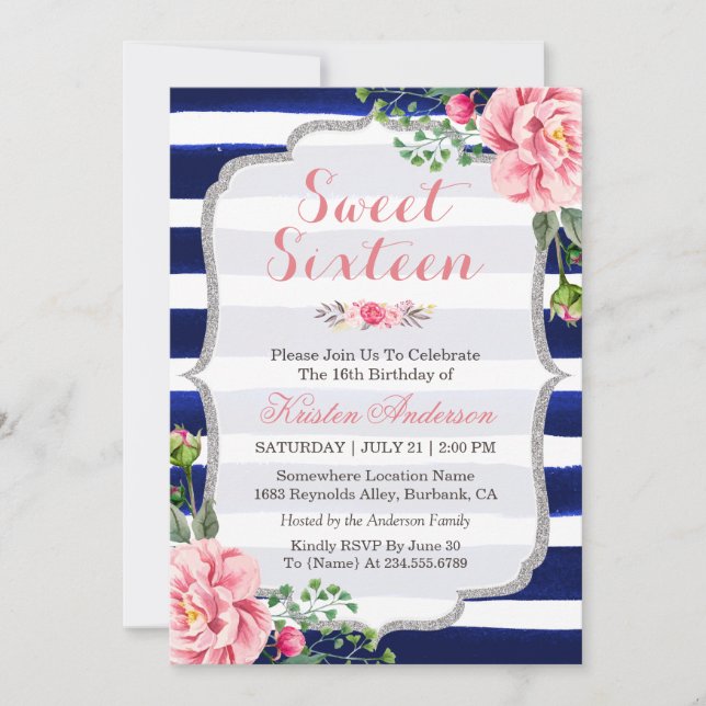Invitación Dulce Dieciséis Rayas Azules De Plata Floral Rosa (Anverso)
