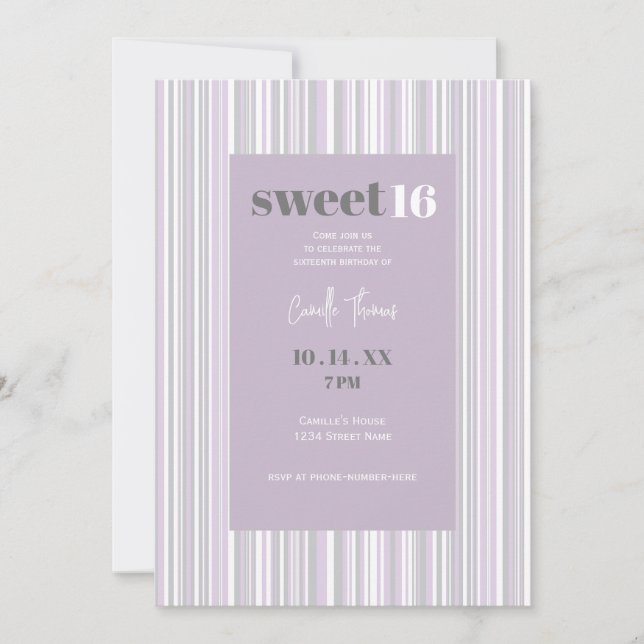 Invitación Dulce Dieciséis | Rayas suaves moradas y grises (Anverso)