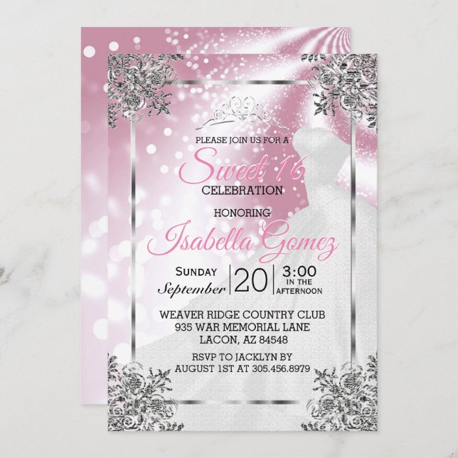 Invitación Dulce dieciséis rosa con traje de princesa (Anverso / Reverso)