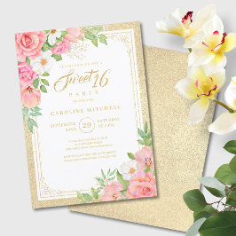 Invitación Dulce Dieciséis Rosa Floral Elegante Tulip Pink