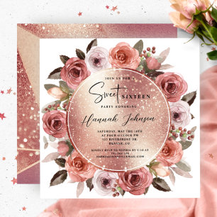 Invitación Dulce Dieciséis Rosa Floral Purpurina Gold
