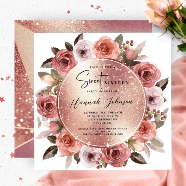 Invitación Dulce Dieciséis Rosa Floral Purpurina Gold (Subido por el creador)