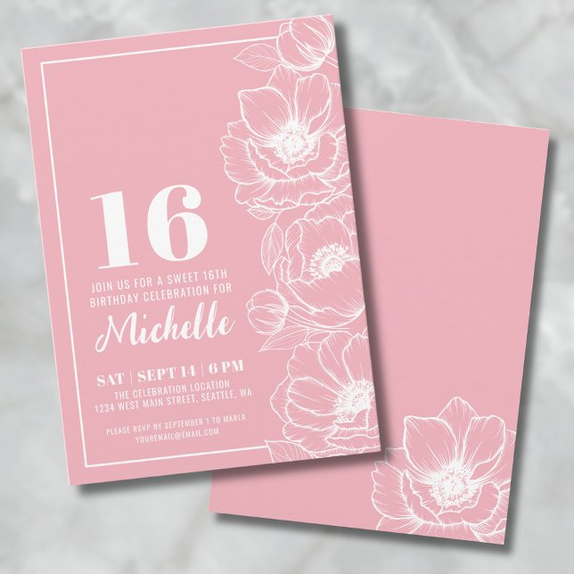 Invitación Dulce Dieciséis Rosado Floral 16º Cumpleaños (Sweet Sixteen Elegant Pink Floral 16th Birthday Invitation)