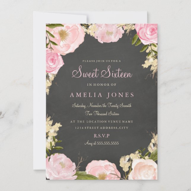 Invitación Dulce Dieciséis Rosas Florales Wreath Chalkboard I (Anverso)