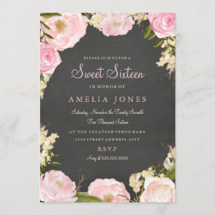Invitación Dulce Dieciséis Rosas Florales Wreath Chalkboard I