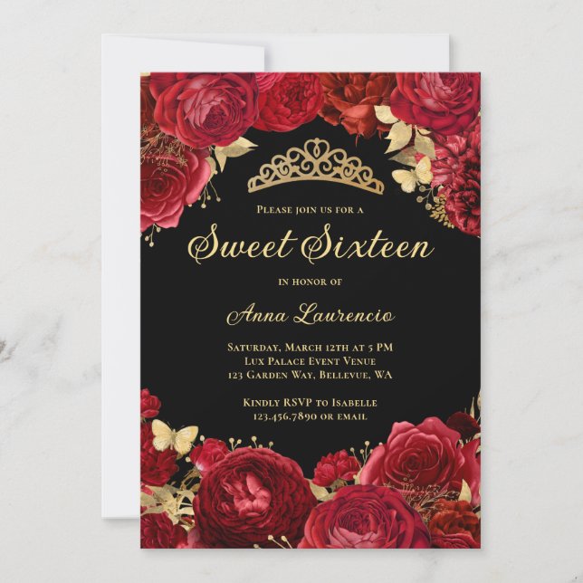Invitación Dulce Dieciséis Rosas Rojas Negras Floral 16º cump (Anverso)