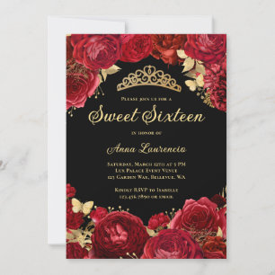 Invitación Dulce Dieciséis Rosas Rojas Negras Floral 16º cump