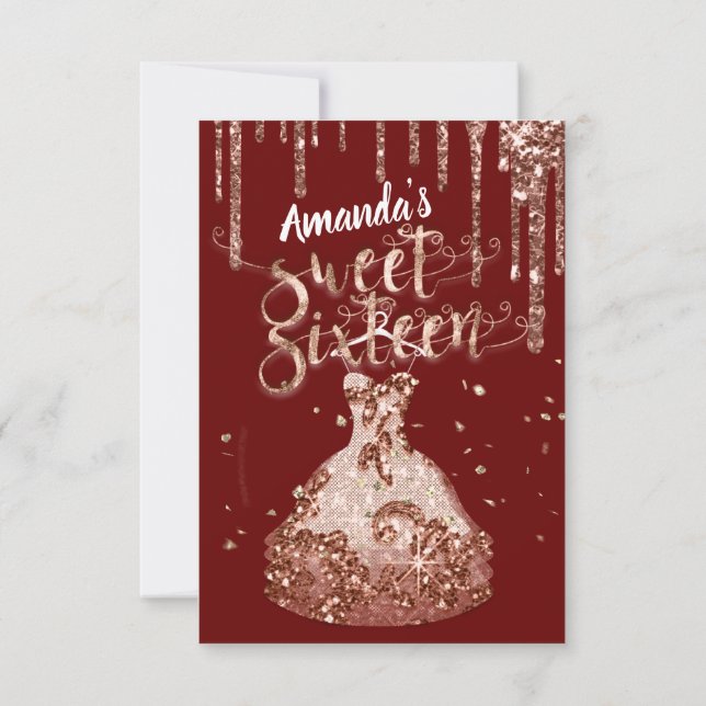 Invitación Dulce Dieciséis Rosas Vestido Purpurina Drip Borgo (Reverso)