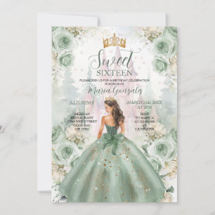 Invitación Dulce Dieciséis Sage Green Princess Floral Castle