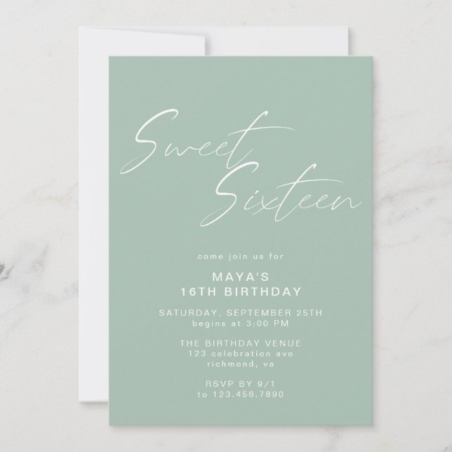 Invitación Dulce Dieciséis Script Sage Green Mint 16th Birthd (Anverso)