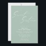 Invitación Dulce Dieciséis Script Sage Green Mint 16th Birthd<br><div class="desc">Invitaciones bonito y simplista de 16 años con el título "Sweet Sixteen" texto en letra de guion blanco sobre un amplio fondo verde pastel. En el reverso aparece un patrón de la palabra "dieciséis" en el guión de coordinación. El patrón de lado inverso, así como el color de fondo, se...</div>
