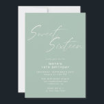 Invitación Dulce Dieciséis Script Sage Green Mint 16th Birthd<br><div class="desc">Invitaciones bonito y simplista de 16 años con el título "Sweet Sixteen" texto en letra de guion blanco sobre un amplio fondo verde pastel. En el reverso aparece un patrón de la palabra "dieciséis" en el guión de coordinación. El patrón de lado inverso, así como el color de fondo, se...</div>