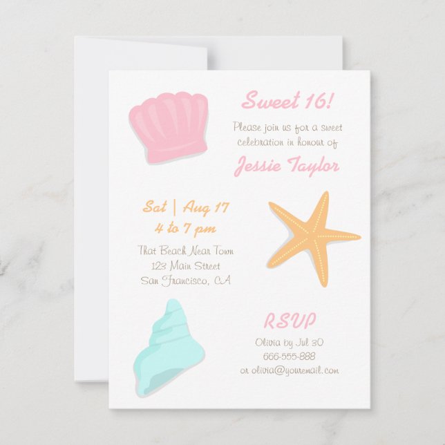Invitación Dulce Dieciséis Seashells Beach Birthday Party (Anverso)