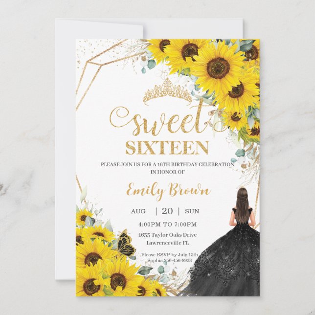 Invitación Dulce Dieciséis Sunflower Floral Gold Vestido negr (Anverso)