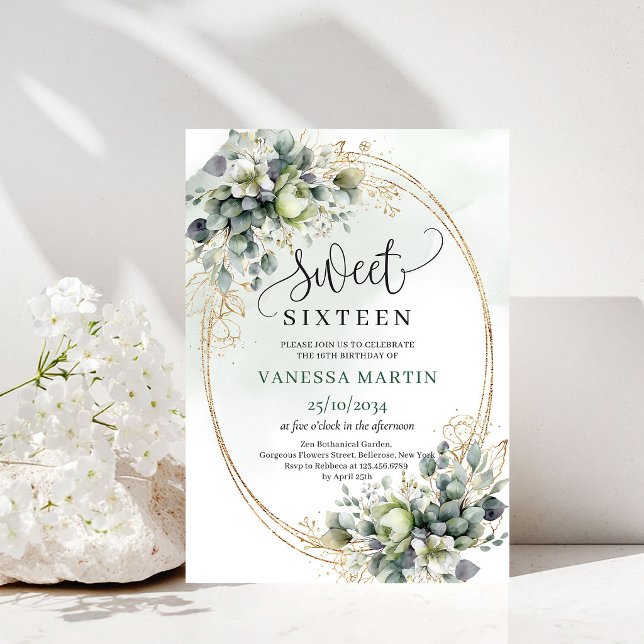 Invitación dulce dieciséis verde polvoriento Bohem (Bohemian Greenery Sweet Sixteen Dusty Green Invite)