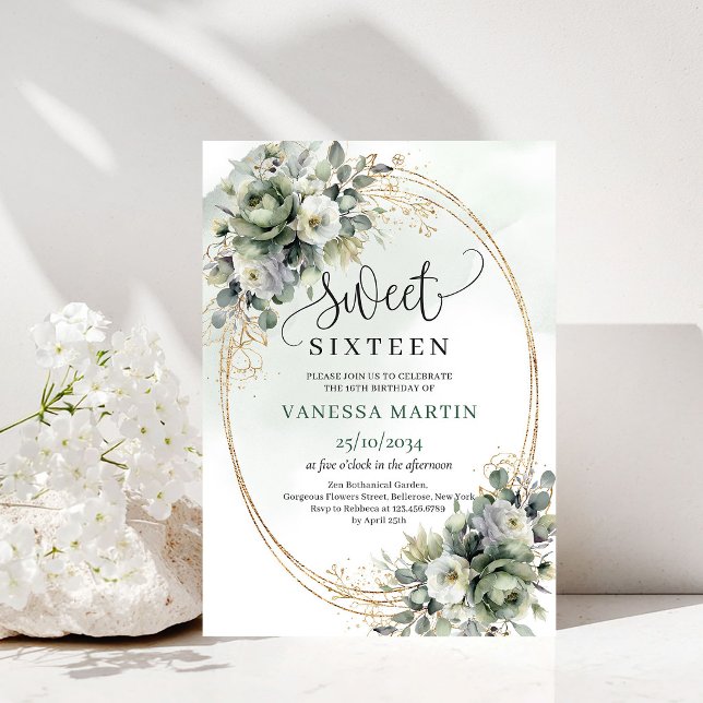 Invitación dulce dieciséis verde polvoriento y ver (Greenery And Gold Sweet Sixteen Dusty Green Invite)