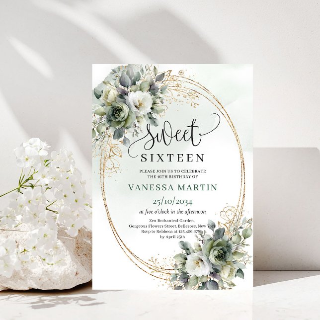 Invitación dulce dieciséis verde polvoriento y ver (Greenery And Gold Sweet Sixteen Dusty Green Invite)