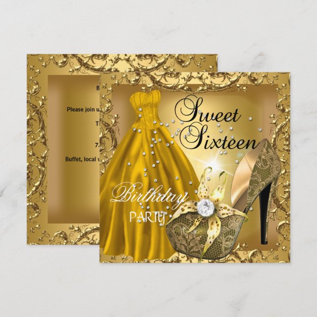 Invitación Dulce Dieciséis vestido de oro de fiesta de cumple (Anverso / Reverso)